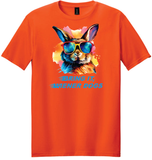 Bright orange unisex t-shirt with colorful bunny design and text Bring It, Wiener Dogs