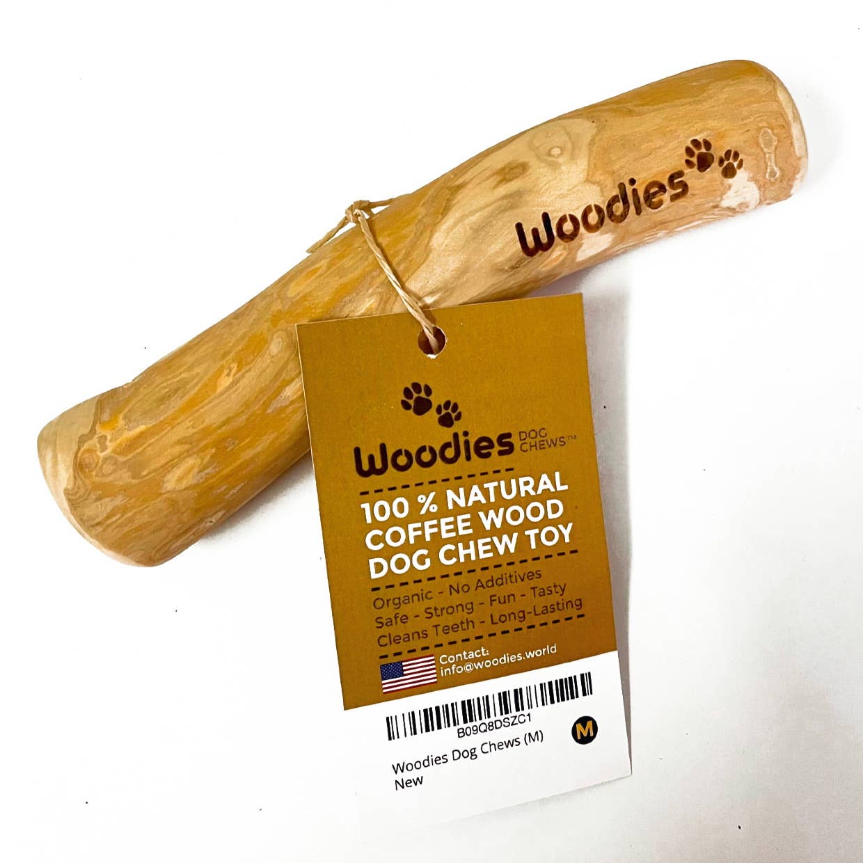 Wooden dog chew toy with 'Woodies' branding and a tag on a white background